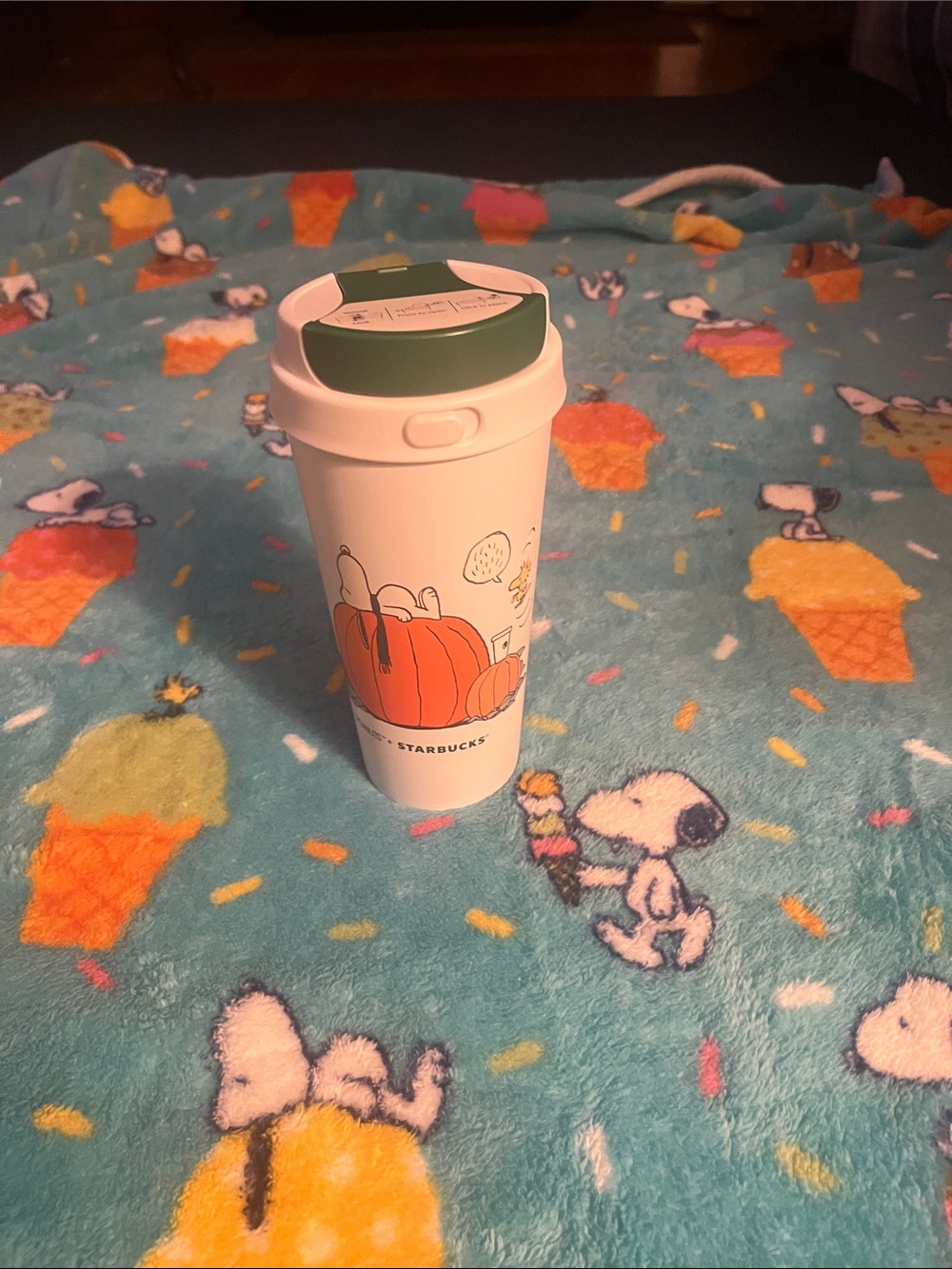 Starbucks White Tumbler with Green Lid and Orange Pumpkin Design